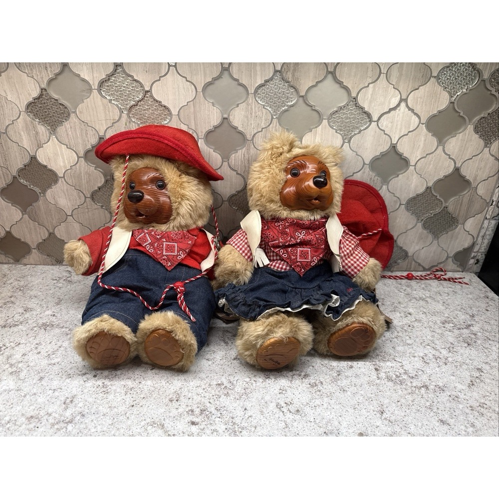 Set of 2 Raikes Bears Western JESSE BONNIE Cowboy Cowgirl Wooden Bears Numbered